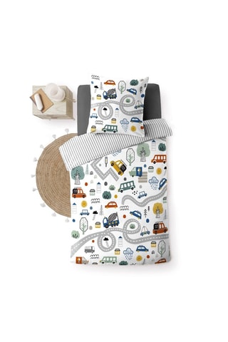 Parure de couette en coton Pti Bolide - Blanc et bleu