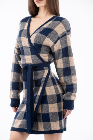 Robe portefeuille en laine et cachemire - Bleu et beige