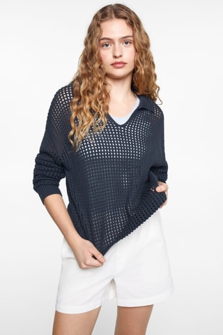 Pull-over maille ajourée col polo - Bleu marine