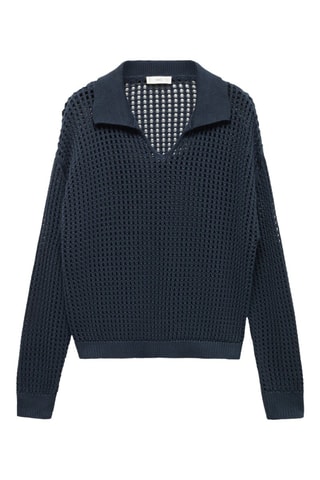 Pull-over maille ajourée col polo - Bleu marine