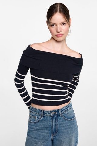 Pull-over rayures épaules dénudées - Bleu marine