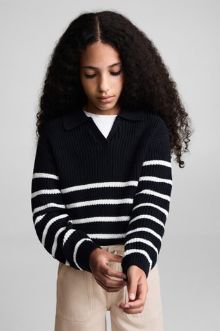 Pull-over rayures col polo - Bleu marine