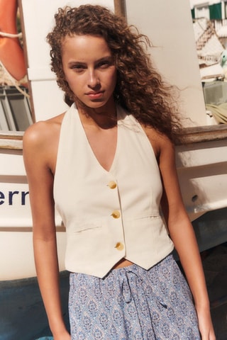 Gilet emmanchures américaines lin - Blanc cassé