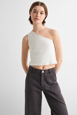 Top maille côtelée Lurex - Blanc cassé