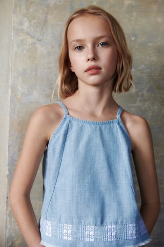 Top brodé franges - Bleu clair