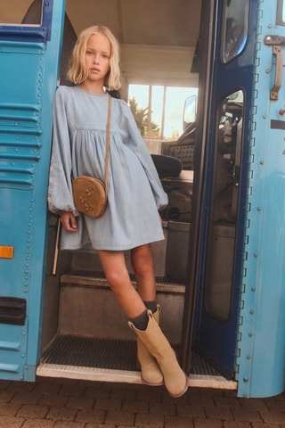 Robe denim broderie florale - Bleu