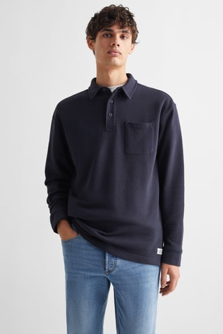 Polo coton à manches longues - Bleu marine