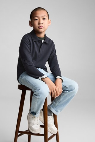 Polo coton à manches longues - Gris foncé