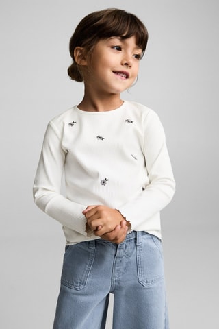 T-shirt fleurs brodées - Blanc cassé