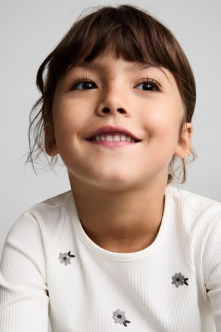 T-shirt fleurs brodées - Blanc cassé