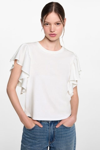 T-shirt en coton à volants - Blanc cassé