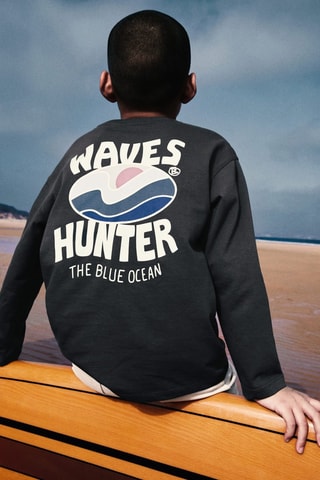 T-shirt manches longues imprimé - Anthracite