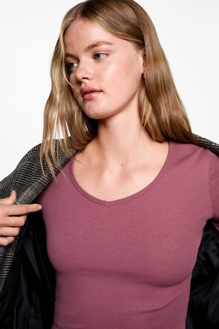 T-shirt manches longues col V - Rose pastel