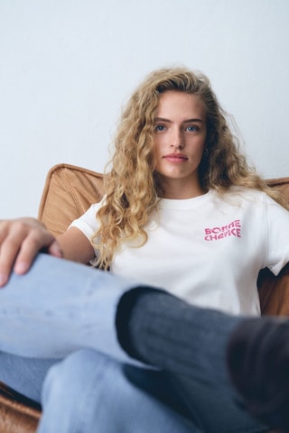 T-shirt coton imprimé - Blanc cassé