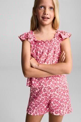 T-shirt froncé fleurs - Fuchsia