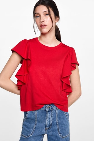 T-shirt en coton à volants - Rouge