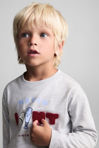 T-shirt manches longues imprimé relief - Gris chiné