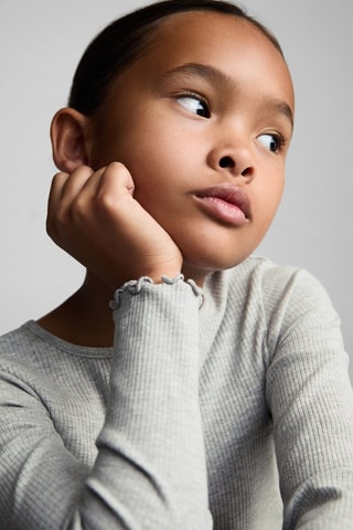 T-shirt côtelé manches longues - Gris clair chiné