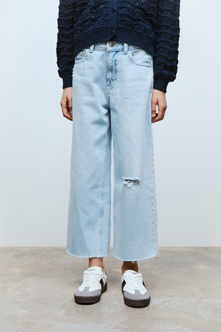 Jupe-culotte jean bas effiloché - Bleu clair