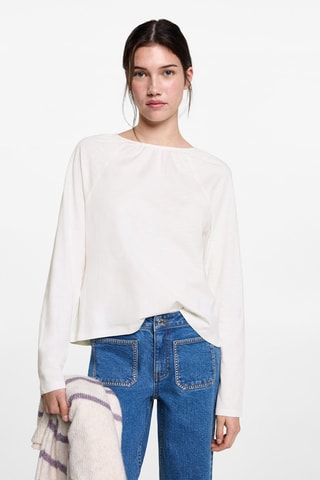 T-shirt col froncé - Blanc cassé