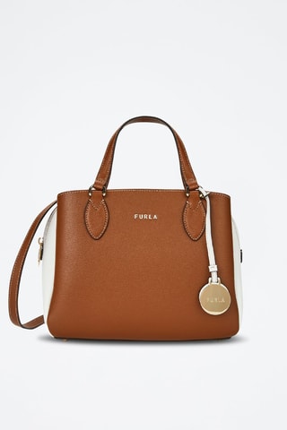 Sac à main en cuir de veau Minerva - Camel et blanc