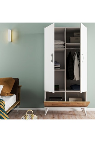 Armoire 2 portes et 1 abattant - Blanc et imitation bois