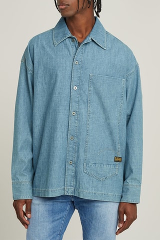 Camisa oversize de ganga de algodão orgânico Long Pocket Boxy - Azul