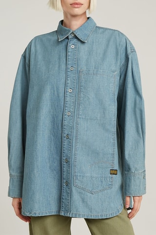 Camisa oversize de ganga de algodão orgânico Maxi Long Pocket - Azul