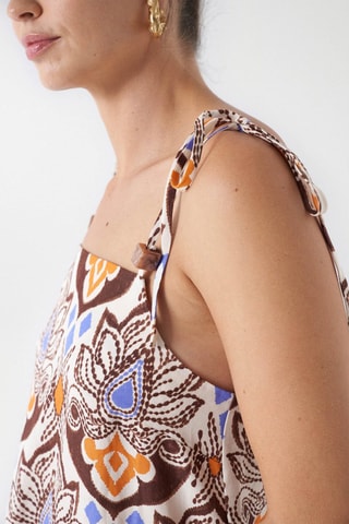 Robe midi regular en lin - Blanc et marron