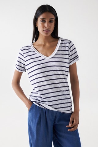 T-shirt regular en lin - Blanc et bleu foncé