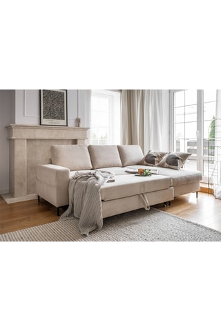 Canapé d’angle droit convertible Lofty Lilly - Beige - 4 places - En polyester toucher velours - Dimensions couchage 130 x 196 cm