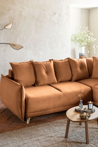 Canapé d’angle droit convertible Lazy Lukka - Rouge brique - 6 places - Toucher velours - Dimensions couchage 140 x 210 cm