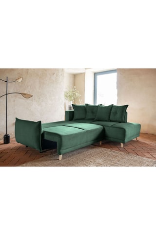 Canapé d’angle droit convertible Lazy Lukka - Vert bouteille - 6 places - Toucher velours - Dimensions couchage 140 x 210 cm