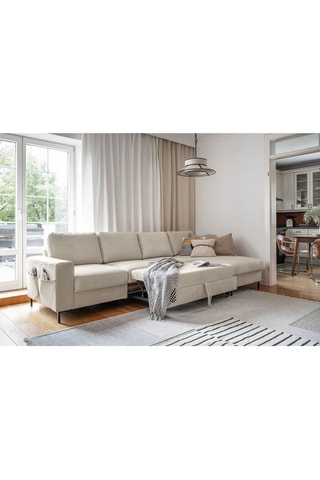 Canapé d’angle droit convertible Lofty Lilly - Beige - 5 places - En polyester toucher velours - Dimensions couchage 130 x 200 cm