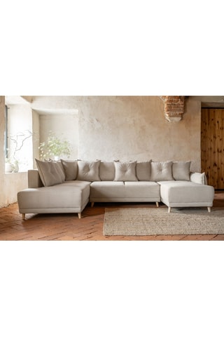 Canapé d’angle gauche panoramique convertible Lazy - Beige - 8 places - En polyester - Dimensions couchage 130 x 280 cm