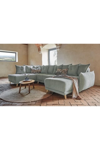 Canapé d’angle gauche panoramique convertible Lazy - Gris clair - 8 places - En polyester antitache - Dimensions couchage 130 x 280 cm