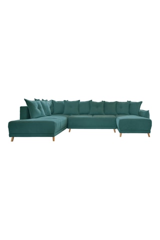 Canapé d’angle gauche panoramique convertible Lazy - Turquoise - 8 places - En polyester antitache - Dimensions couchage 130 x 280 cm