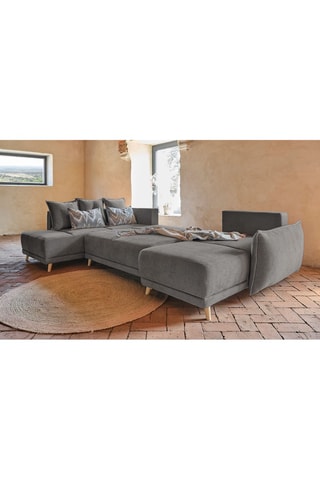 Canapé d’angle gauche panoramique convertible Lazy - Gris foncé - 8 places - En polyester antitache - Dimensions couchage 130 x 280 cm