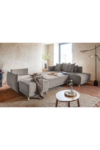 Canapé d’angle droit panoramique convertible Lazy - Ecru - 8 places - En polyester - Dimensions couchage 130 x 280 cm
