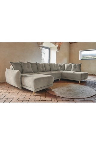 Canapé d’angle droit panoramique convertible Lazy - Taupe - 8 places - En polyester antitache - Dimensions couchage 130 x 280 cm