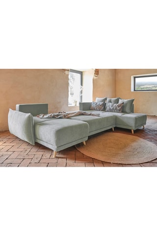 Canapé d’angle droit panoramique convertible Lazy - Gris clair - 8 places - En polyester antitache - Dimensions couchage 130 x 280 cm