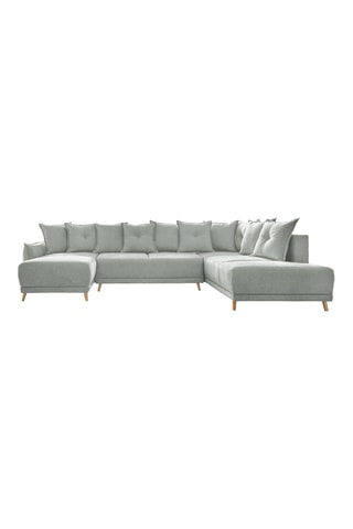 Canapé d’angle droit panoramique convertible Lazy - Gris clair - 8 places - En polyester antitache - Dimensions couchage 130 x 280 cm