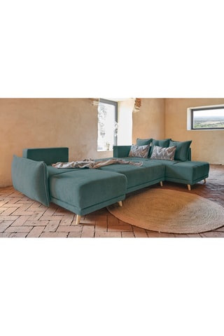 Canapé d’angle droit panoramique convertible Lazy - Turquoise - 8 places - En polyester antitache - Dimensions couchage 130 x 280 cm