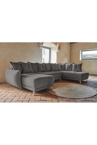 Canapé d’angle droit panoramique convertible Lazy - Gris foncé - 8 places - En polyester antitache - Dimensions couchage 130 x 280 cm
