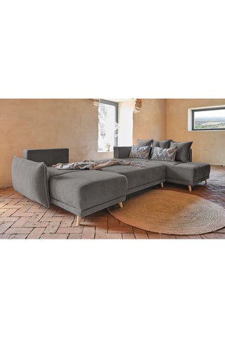 Canapé d’angle droit panoramique convertible Lazy - Gris foncé - 8 places - En polyester antitache - Dimensions couchage 130 x 280 cm