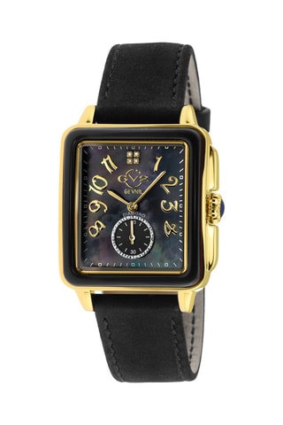 Montre à quartz en cuir, plaqué ion or jaune et diamants Bari - Noir et doré