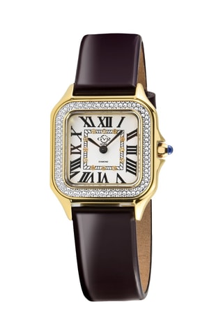 Montre à quartz en cuir, plaqué ion or jaune et diamants Milan