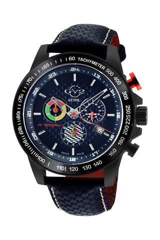Montre à quartz en cuir Scuderia  -  Tachymètre et Chronographe - Bleu marine et noir
