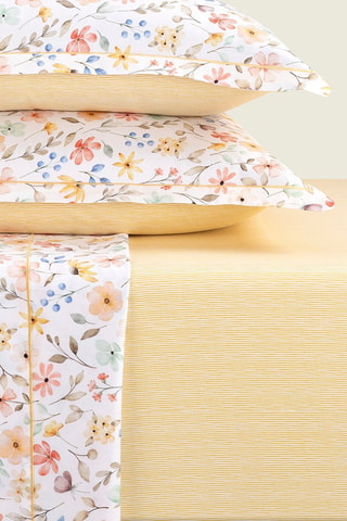 Sábana bajera de satén de algodón Lignes peintes - 80 hilos/cm² - Blanco y amarillo