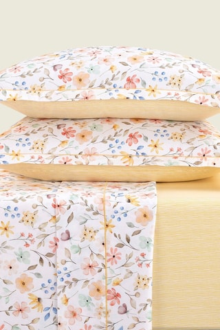 2 fundas de almohada de satén de algodón Fleurs d’été - 80 hilos/cm² - Blanco y amarillo